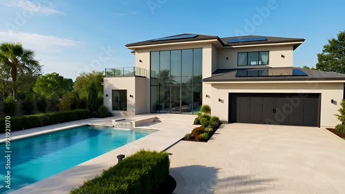 Exterior shot of a modern two story house with a swimming pool