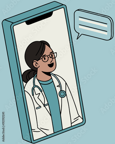 Cartoon doctor on phone screen with speech bubble