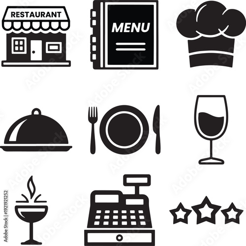 Restaurant Icon Set – Building, Menu, Chef Hat, Dish, Stars, Drink, Cash Register Symbols