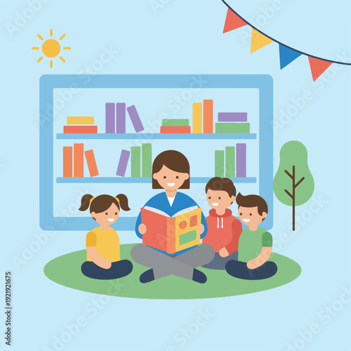 A female teacher reads to three children on the grass with a bookshelf, sun, and colorful flags, depicting an educational outdoor reading session.