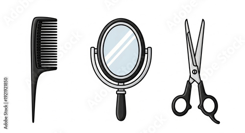 Hairdressing tools including comb mirror and scissors isolated on white.