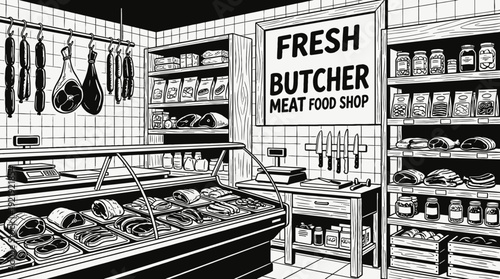 butcher meat food shop interior store counter shelf fresh display customer retail market product commerce business design vector illustration