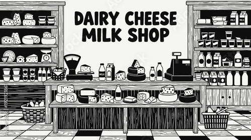 dairy food shop interior store counter shelf cheese milk display customer retail market product commerce business design vector illustration