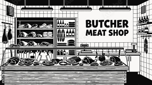 butcher meat food shop interior store counter shelf fresh display customer retail market product commerce business design vector illustration