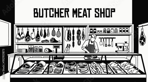 butcher meat food shop interior store counter shelf fresh display customer retail market product commerce business design vector illustration