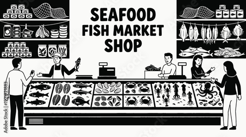 food, shop, interior, store, butcher, meat, beef, chicken, pork, steak, counter, shelf, display, customer, retail, market, product, commerce, business, design, vector, illustration, sausage, protein, 