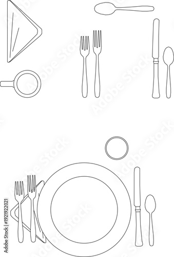 Εκτύπωση καμβά Top view icons of elegant table settings, including plates, cutlery, napkins, and glassware for restaurant floor planning