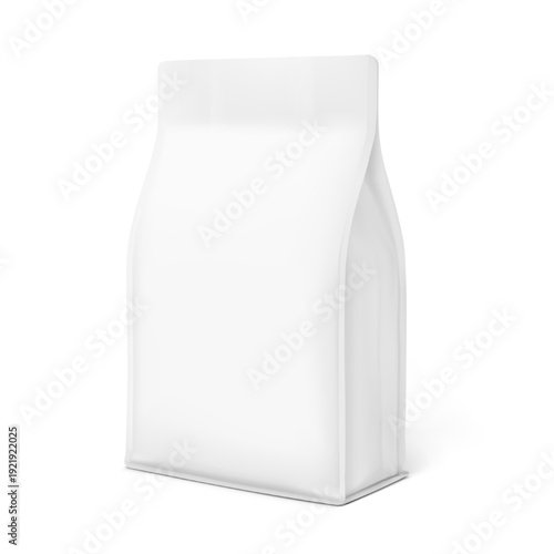 Vertical flat bottom gusset bag mockup for food, pet food, sport nutrition. Half side view. Vector illustration isolated on white background. Can be use for template your design. EPS10.