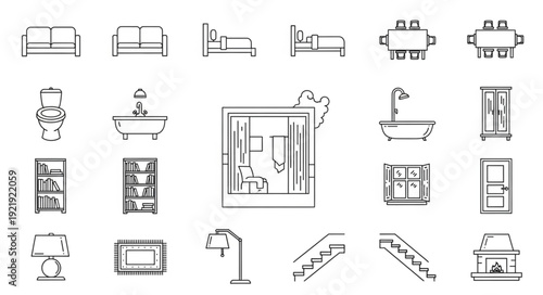 Collection of Hand Drawn Furniture and Home Elements Icons.