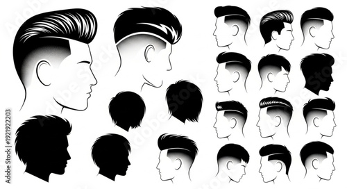 Collection of diverse male hairstyles and haircuts in black and white.