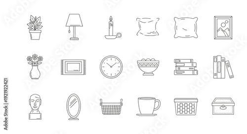 Collection of Hand Drawn Icons Representing Home Decor and Objects.