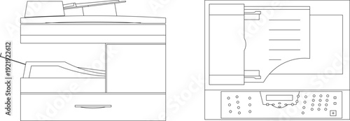 Office printer and photocopier machine icons in top and side view, perfect for professional workspace floor plan layouts.