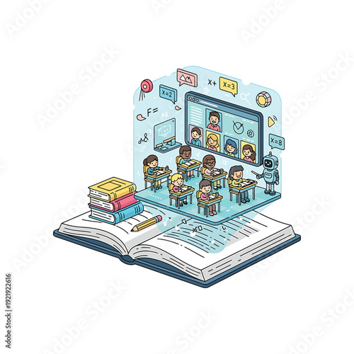 Online classroom illustration emerging from an open book with students and teacher interacting virtually.