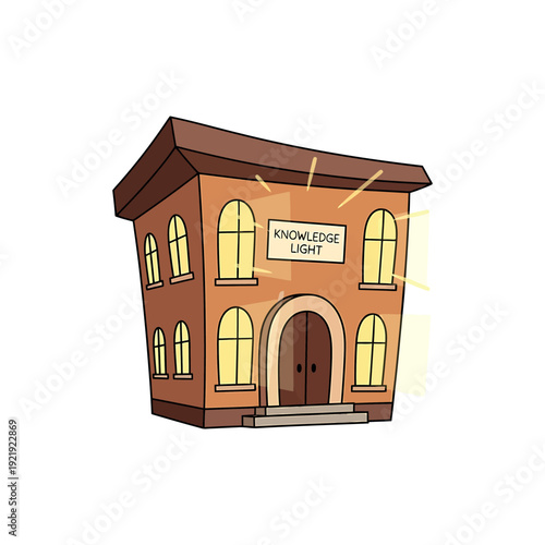An illustration of a brown school building with a sign reading Knowledge Light emits glowing rays.