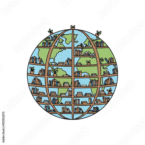 Illustration of a globe with books on shelves across the world, symbolizing global knowledge.