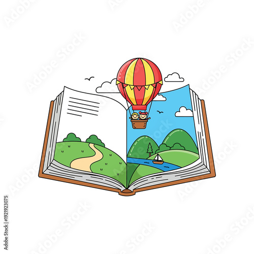 An open book with a hot air balloon flying over a serene landscape illustration