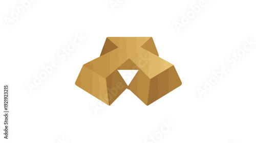 A geometric, golden-hued, 3D structure with overlapping triangular shapes and a central void