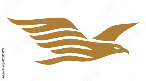 Silhouette illustration of a stylized bird with wings extended, in a gold color on white