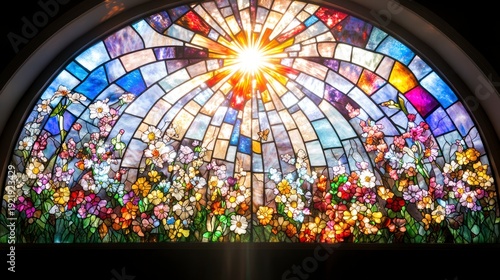 Radiant sunburst shines through a colorful floral stained glass window.