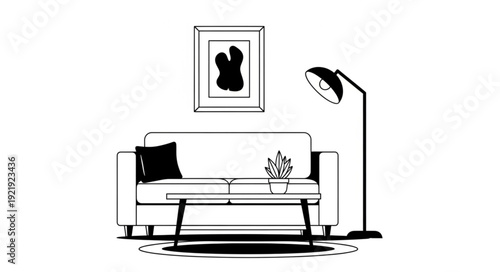 Minimalist living room illustration featuring a sofa, coffee table, and lamp, with artwork.