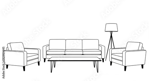 Modern Living Room Furniture Set Line Art Illustration.