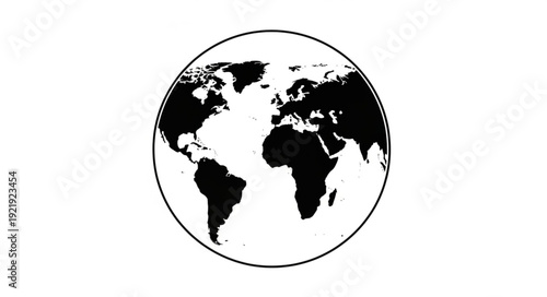 Black and white illustration of planet Earth globe map.