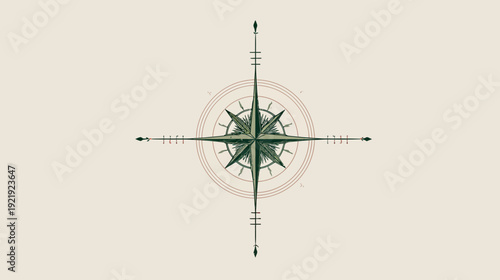 A stylized compass rose graphic, featuring green and red accents against a beige background