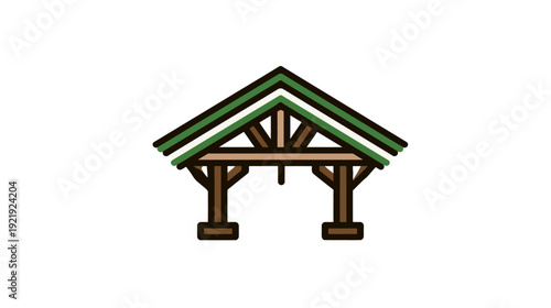 A stylized illustration depicting a wooden structure with a gabled roof, and supports