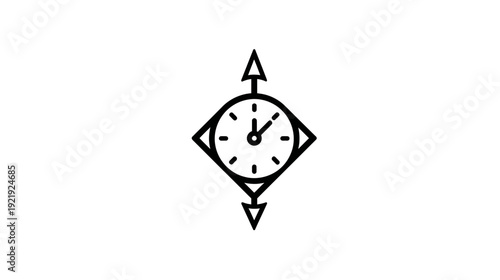 Black and white icon of a clock inside a diamond shape with arrows. Time concept