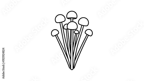 Simple black and white line art of a cluster of mushroom-like shapes on stems