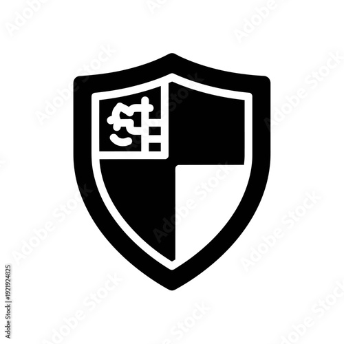 A shield icon features a quartered design two halves black, two white, with an added symbol