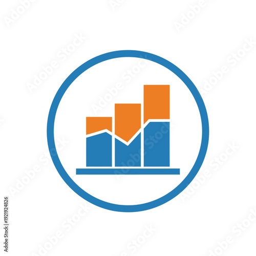 Abstract graphic of a rising bar chart inside a blue circle with orange segments