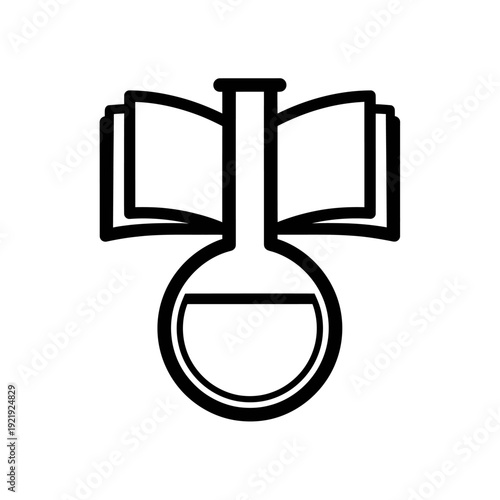 Line art of a flask with open books above, a symbol of science and education