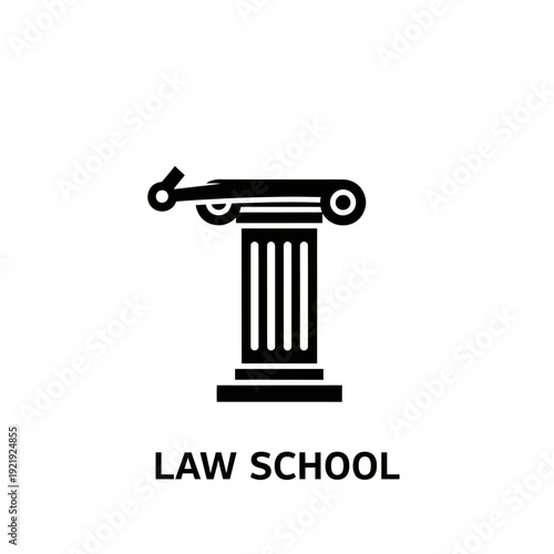 Silhouette of a law school symbol a pillar with a scale-like topper. "LAW SCHOOL" text