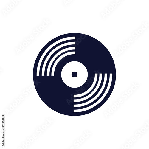 Circular graphic with a dark blue vinyl record design, white concentric arcs, and a central dot