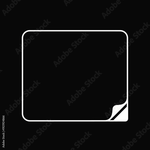 A white outlined square with rounded corners on black background, curled corner detail