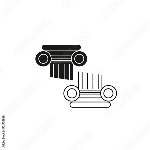 Black and white illustration of two classical columns, one solid and one outlined