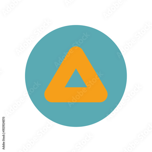 A teal circle encases a stylized orange triangle graphic on a white background