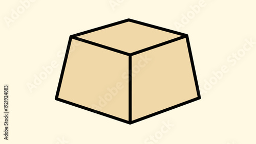A geometric shape, a truncated pyramid, with a tan face and thick black outline on beige
