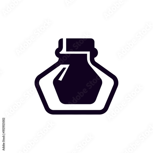 A stylized ink bottle illustration with a hexagonal body and a narrow neck