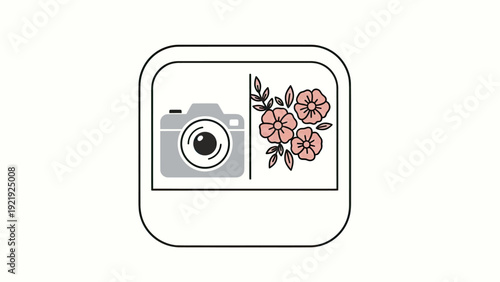 Icon featuring a camera next to flowers, within a rounded rectangle, all on a white background