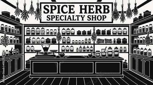 spice herb food shop interior store counter shelf aroma display customer retail market product commerce business design vector illustration