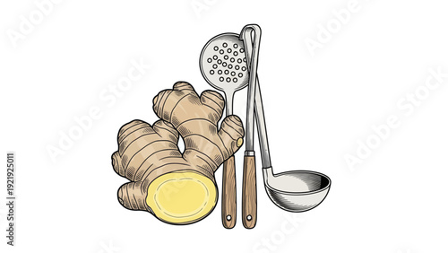 A line-art illustration featuring a ginger root alongside cooking utensils