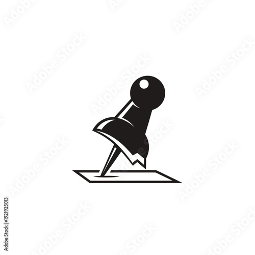 A black and white graphic of a pushpin partially in a paper square