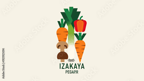 Stylized arrangement of vegetables, including carrots, leeks, and bell peppers, with text below