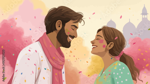Joyful Indian couple with faces painted in Holi colors, sharing a loving glance amidst a festive, colorful atmosphere and Indian architecture.