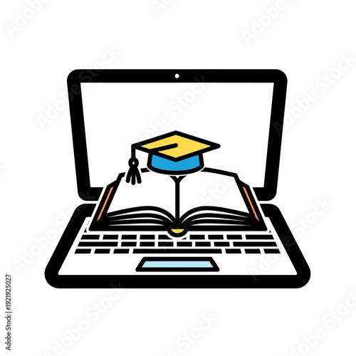 Vector graphic of a laptop with an open book and graduation cap