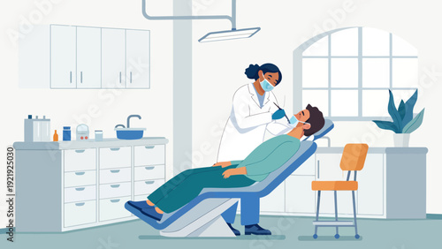 Dentist examining a patient's teeth in a modern, clean dental clinic, illustrating dental care, oral hygiene, and healthcare services.