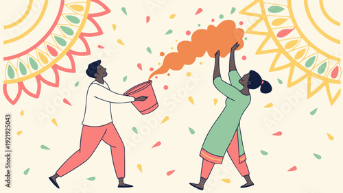 Two people joyfully playing with colored powder during a vibrant Holi celebration, amidst festive decorations and a colorful background.