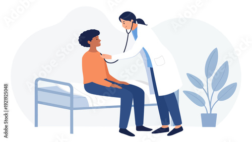 Doctor listening to a patient's heartbeat with a stethoscope in a medical office, symbolizing healthcare, diagnosis, and patient care.